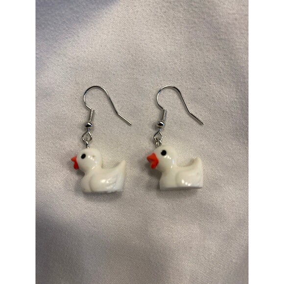 Earrings Baby Duck White Whimsical Dangle Quack Duckling Playful Fun Bird - Picture 5 of 8